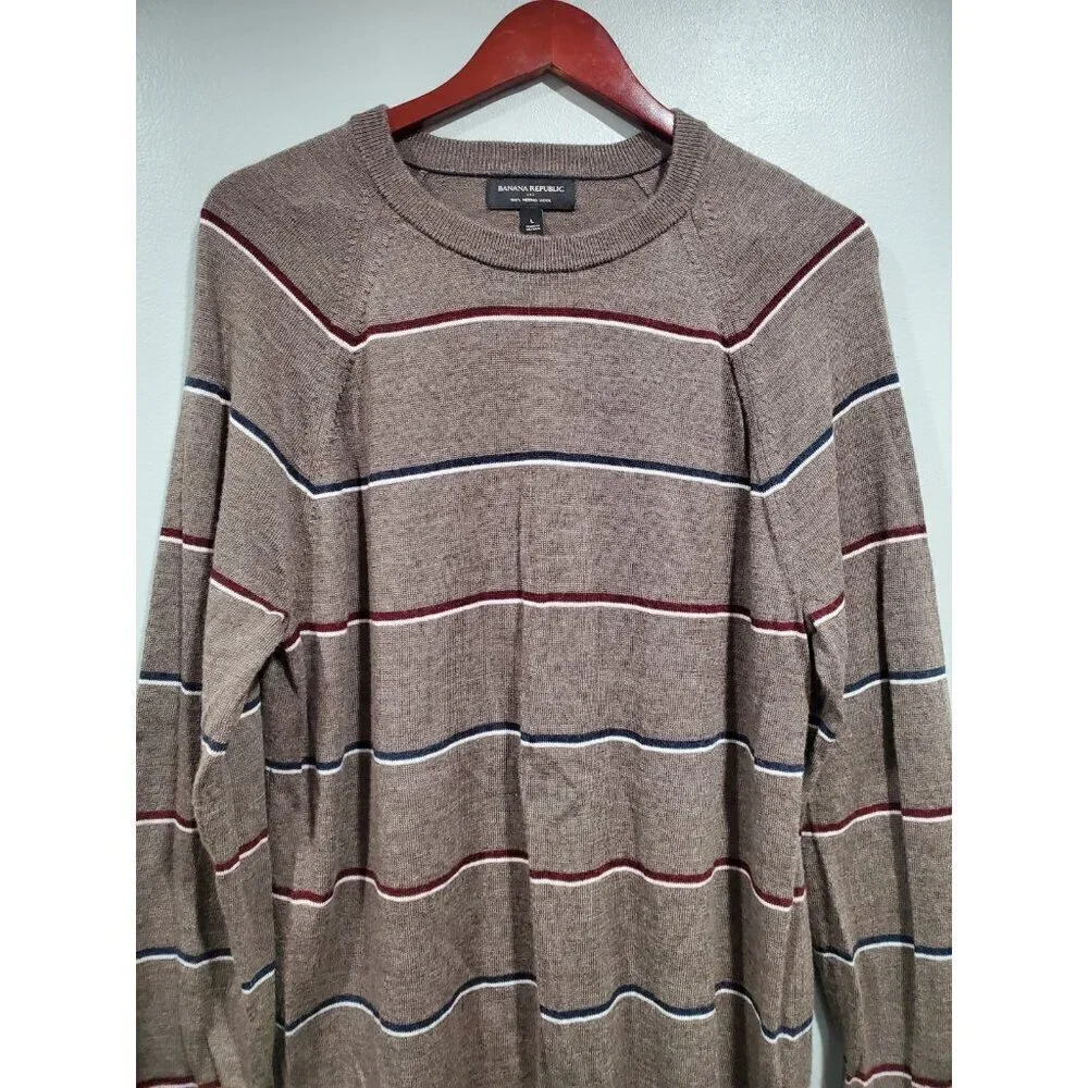 Banana Republic Mens Brown 100% Merino Wool Sweater Crew Neck Striped Sz L